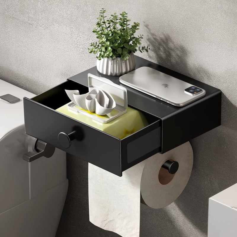 Voldra Toilet Paper Holder with Shelf Black Wipes Dispenser for Bathroom Toilet Paper Holder with Storage Upgrade Drawer Design Toilet Tissue Holder Adhesive Small Bathroom Shelf Wall Mount - Image 1